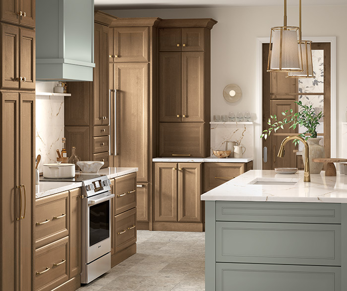 Warm Wood Kitchen with Light Blue Accents